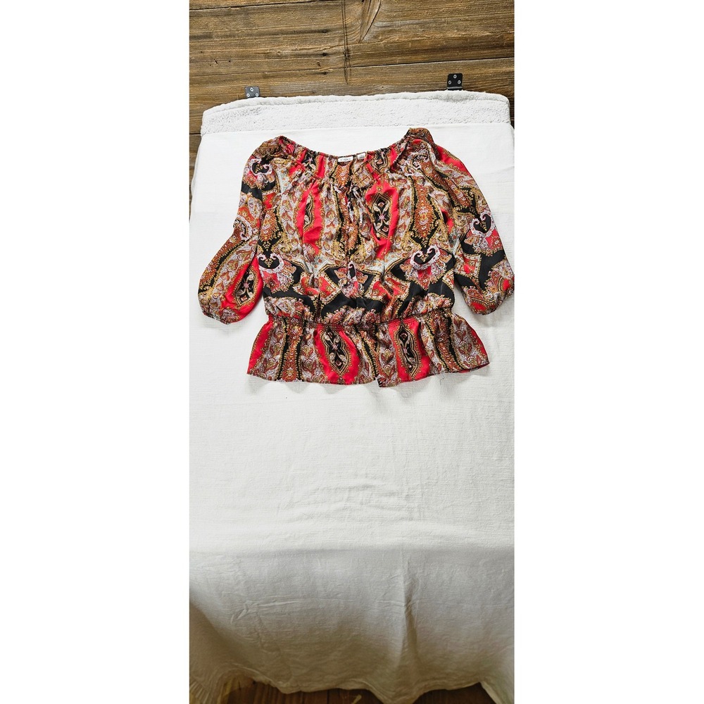 Cato Womens XL Red Black Paisley Off Shoulder Smocked Peplum Blouse 3/4 Sleeve